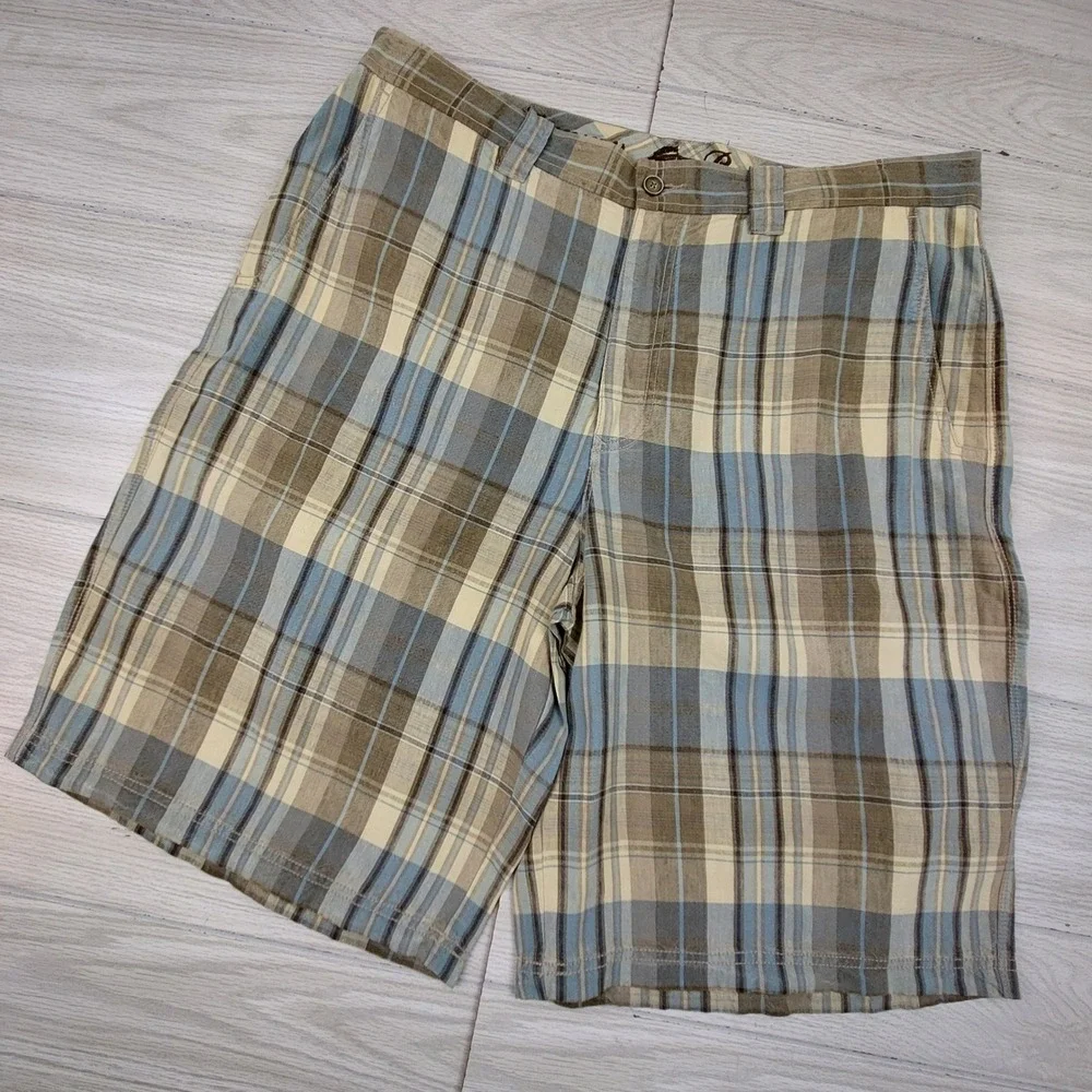 Tommy Bahama Plaid Shorts Mens 36 Blue Tan Linen Silk Blend Flat Front Casual